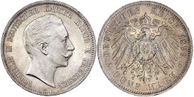 Reichssilbermünzen J. 19-178

Preußen

Wilhelm II., 1888-1918

5 Mark 1899 A. prägefrisch/fast Stempelglanz, kl. Kratzer, sehr selten in dieser ...