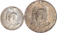 Reichssilbermünzen J. 19-178

Preußen

Wilhelm II., 1888-1918

2 und 5 Mark 1901. 200 Jahrfeier. beide fast Stempelglanz. Jaeger 105 und 106.