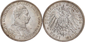 Reichssilbermünzen J. 19-178

Preußen

Wilhelm II., 1888-1918

3 Mark 1914 A. Uniform. prägefrisch/fast Stempelglanz. Jaeger 113.