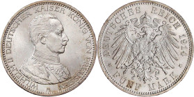 Reichssilbermünzen J. 19-178

Preußen

Wilhelm II., 1888-1918

5 Mark 1914 A, Uniform. fast Stempelglanz, kl. Kratzer. Jaeger 114.