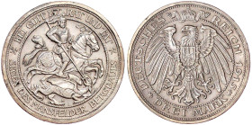 Reichssilbermünzen J. 19-178

Preußen

Wilhelm II., 1888-1918

3 Mark 1915 A. Mansfeld. vorzüglich, kl. Randfehler. Jaeger 115.