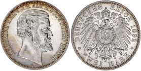 Reichssilbermünzen J. 19-178

Reuß, ältere Linie

Heinrich XXII., 1859-1902

2 Mark 1892 A, zum 25-jähr. (Regierungsjubiläum). gutes vorzüglich,...