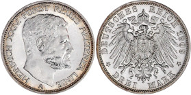 Reichssilbermünzen J. 19-178

Reuß, ältere Linie

Heinrich XXIV., 1902-1918

3 Mark 1909 A. gutes vorzüglich, etwas berieben und winz. Kratzer. ...