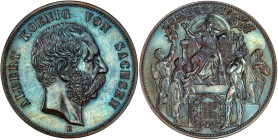 Reichssilbermünzen J. 19-178

Sachsen

Albert, 1873-1902

Kupfermedaille in 5 Mark-Größe. 1889 E. Wettinfeier. vorzüglich/Stempelglanz, aus Erst...