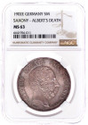 Reichssilbermünzen J. 19-178

Sachsen

Albert, 1873-1902

5 Mark 1902 E. Auf seinen Tod. Im NGC-Blister mit Grading MS 63. prägefrisch, schöne P...
