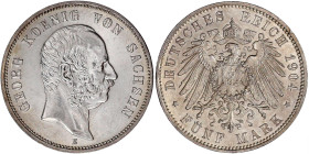 Reichssilbermünzen J. 19-178

Sachsen

Georg, 1902-1904

5 Mark 1904 E. gutes vorzüglich. Jaeger 130.
