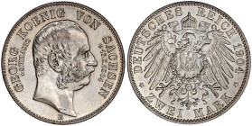Reichssilbermünzen J. 19-178

Sachsen

Georg, 1902-1904

2 Mark 1904 E. Auf seinen Tod. vorzüglich/Stempelglanz. Jaeger 132.