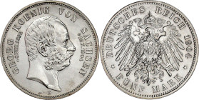 Reichssilbermünzen J. 19-178

Sachsen

Georg, 1902-1904

5 Mark 1904 E. Auf seinen Tod. gutes vorzüglich, etwas berieben. Jaeger 133.
