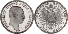 Reichssilbermünzen J. 19-178

Sachsen

Friedrich August III., 1904-1918

3 Mark 1908 E. Polierte Platte, Prachtexemplar. Jaeger 135.