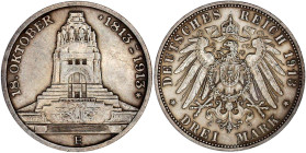 Reichssilbermünzen J. 19-178

Sachsen

Friedrich August III., 1904-1918

3 Mark 1913 E, Völkerschlachtdenkmal. prägefrisch/fast Stempelglanz, fe...