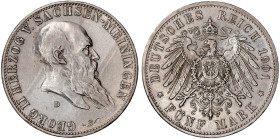 Reichssilbermünzen J. 19-178

Sachsen-Meiningen

Georg II., 1866-1914

5 Mark 1901 D. Zum Geburtstag. vorzüglich, min. Randfehler. Jaeger 150.