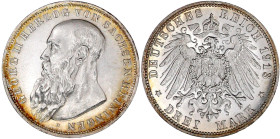 Reichssilbermünzen J. 19-178

Sachsen-Meiningen

Georg II., 1866-1914

3 Mark 1913 D. fast Stempelglanz. Jaeger 152.