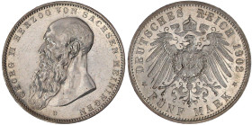 Reichssilbermünzen J. 19-178

Sachsen-Meiningen

Georg II., 1866-1914

5 Mark 1902 D. Langer Bart. gutes vorzüglich aus Erstabschlag. Jaeger 153...