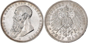 Reichssilbermünzen J. 19-178

Sachsen-Meiningen

Georg II., 1866-1914

5 Mark 1902 D. Langer Bart. vorzüglich, kl. Kratzer und Randfehler. Jaege...
