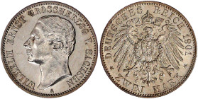 Reichssilbermünzen J. 19-178

Sachsen-Weimar-Eisenach

Wilhelm Ernst, 1901-1918

2 Mark 1901 A. vorzüglich/Stempelglanz,, min. Kratzer. Jaeger 1...