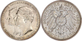 Reichssilbermünzen J. 19-178

Sachsen-Weimar-Eisenach

Wilhelm Ernst, 1901-1918

2 Mark 1903 A. Zur Hochzeit. vorzüglich. Jaeger 158.