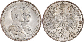 Reichssilbermünzen J. 19-178

Sachsen-Weimar-Eisenach

Wilhelm Ernst, 1901-1918

3 Mark 1915 A. Zur 100 Jahr-Feier. fast Stempelglanz, Prachtexe...