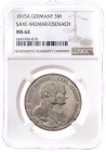 Reichssilbermünzen J. 19-178

Sachsen-Weimar-Eisenach

Wilhelm Ernst, 1901-1918

3 Mark 1915 A. Zur 100 Jahr-Feier. Im NGC-Blister mit Grading M...