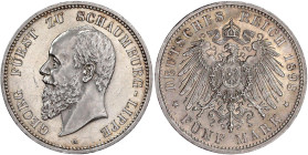 Reichssilbermünzen J. 19-178

Schaumburg-Lippe

Georg, 1893-1911

5 Mark 1898 A. gutes vorzüglich, kl. Kratzer und min. berieben. Jaeger 165.