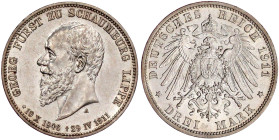 Reichssilbermünzen J. 19-178

Schaumburg-Lippe

Georg, 1893-1911

3 Mark 1911 A. Auf seinen Tod. gutes vorzüglich. Jaeger 166.