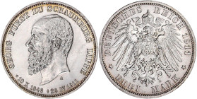 Reichssilbermünzen J. 19-178

Schaumburg-Lippe

Georg, 1893-1911

3 Mark 1911 A. Auf seinen Tod. gutes vorzüglich. Jaeger 166.