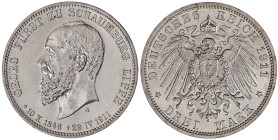 Reichssilbermünzen J. 19-178

Schaumburg-Lippe

Georg, 1893-1911

3 Mark 1911 A. Auf seinen Tod. vorzüglich/Stempelglanz. Jaeger 166.