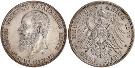 Reichssilbermünzen J. 19-178

Schaumburg-Lippe

Georg, 1893-1911

3 Mark 1911 A. Auf seinen Tod. vorzüglich, etwas berieben. Jaeger 166.