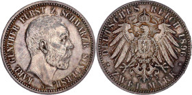 Reichssilbermünzen J. 19-178

Schwarzburg-Sondershausen

Karl Günther, 1880-1909

2 Mark 1896 A. vorzüglich, kl. Kratzer, schöne Patina. Jaeger ...