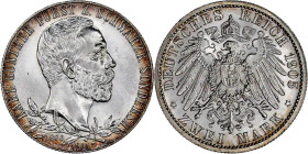 Reichssilbermünzen J. 19-178

Schwarzburg-Sondershausen

Karl Günther, 1880-1909

2 Mark 1905. 25 jähr. Regierungsj., schmaler Randstab. fast St...