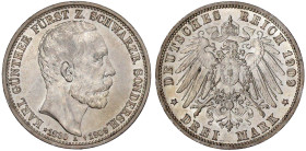 Reichssilbermünzen J. 19-178

Schwarzburg-Sondershausen

Karl Günther, 1880-1909

3 Mark 1909 A. Auf seinen Tod. vorzüglich/Stempelglanz. Jaeger...