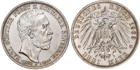 Reichssilbermünzen J. 19-178

Schwarzburg-Sondershausen

Karl Günther, 1880-1909

3 Mark 1909 A. Auf seinen Tod. gutes vorzüglich, etwas beriebe...