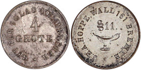Notmünzen/Wertmarken, deutschsprachig

Bremen

Versilberte Biermarke zu 4 Grote o.J.(um 1870) für 1 Glas Culmbacher. 21,5 mm. vorzüglich, selten. ...