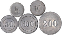 Notmünzen/Wertmarken, deutschsprachig

Haldem

Westf. Landesheilanstalt

5 versch. Aluminiummarken o.J. mit Wertangabe 5, 10, 50, 100, 200 (Pfg....