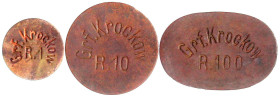 Notmünzen/Wertmarken, deutschsprachig

Krockow (Polen)

3 Stück: einseitige Kupfermarken zu 1 R (Rubel, rund), 10 R (rund) und 100 R (Queroval) o....