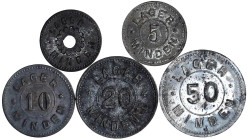 Notmünzen/Wertmarken, deutschsprachig

Minden( Westfalen)

5 Stück Lager Minden: 1, 5, 10, 20, 50 Pf. o.J. Zink. sehr schön bis vorzüglich. Menzel...