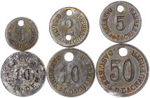 Notmünzen/Wertmarken, deutschsprachig

München

6 Zinkmarken: Gaswerk an der Dachauer Str., 1, 2, 5, 10 und 50 Pf., Lager Minden 10 Pf. sehr schön...
