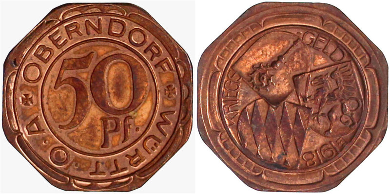 Notmünzen/Wertmarken, deutschsprachig

Oberndorf

Oberamt

50 Pfennig Kupf...