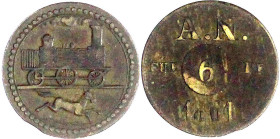 Notmünzen/Wertmarken, deutschsprachig

Unbekannte Ausgabeorte

Messingmarke zu 6 Pfennig 1861 vermutlich einer Eisenbahngesellschaft "A.N.". 22,2 ...