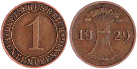 Weimarer Republik

Kursmünzen

1 Rentenpfennig, Kupfer, 1923-1929

1929 F. Zwitterprägung. sehr schön. Jaeger 306.