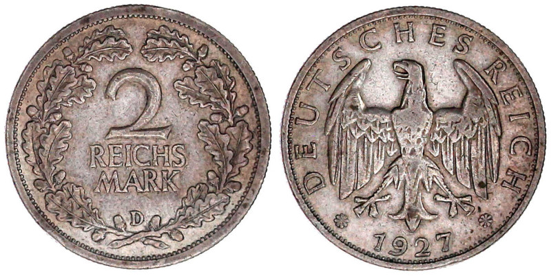 Weimarer Republik

Kursmünzen

2 Reichsmark, Silber 1925-1931

1927 D. seh...