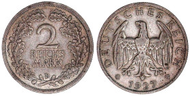Weimarer Republik

Kursmünzen

2 Reichsmark, Silber 1925-1931

1927 D. sehr schön, sehr selten. Jaeger 320.