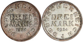 Weimarer Republik

Kursmünzen

3 Mark, Silber 1924-1925

2 Stück: 1924 E und J. beide sehr schön/vorzüglich. Jaeger 312 (2).