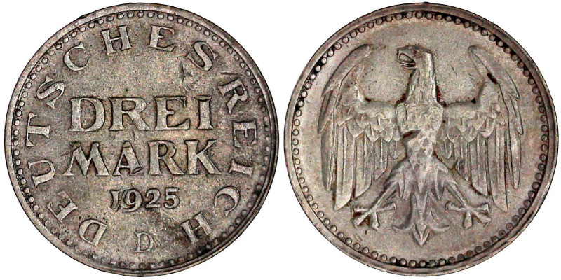 Weimarer Republik

Kursmünzen

3 Mark, Silber 1924-1925

1925 D. sehr schö...