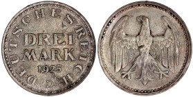 Weimarer Republik

Kursmünzen

3 Mark, Silber 1924-1925

1925 D. sehr schön, kl. Kratzer. Jaeger 312.