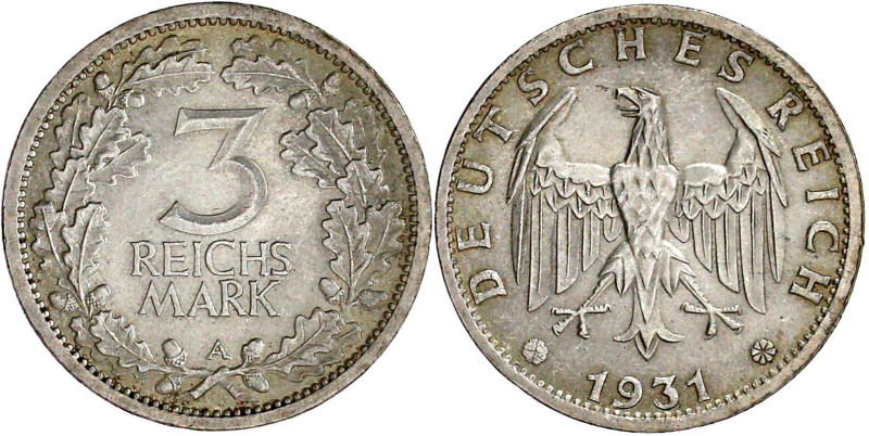 Weimarer Republik

Kursmünzen

3 Reichsmark, Silber 1931-1933

1931 A. vor...