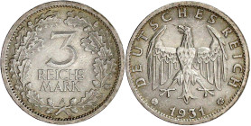 Weimarer Republik

Kursmünzen

3 Reichsmark, Silber 1931-1933

1931 A. vorzüglich/Stempelglanz. Jaeger 349.