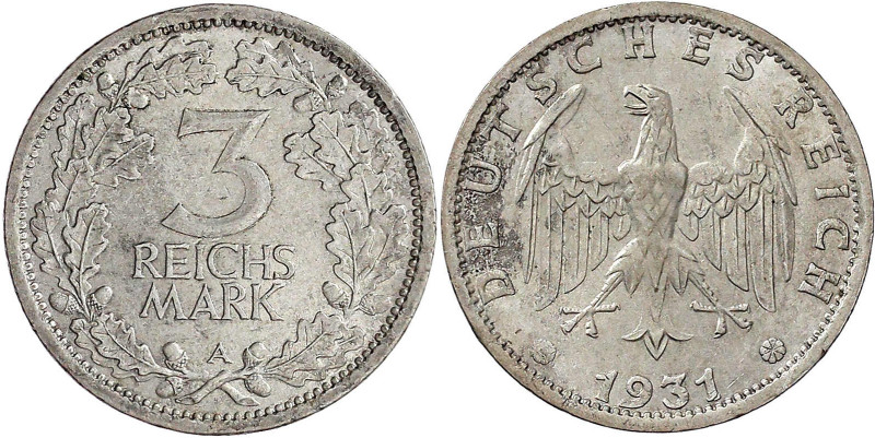 Weimarer Republik

Kursmünzen

3 Reichsmark, Silber 1931-1933

1931 A. vor...