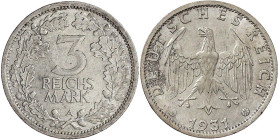 Weimarer Republik

Kursmünzen

3 Reichsmark, Silber 1931-1933

1931 A. vorzüglich/Stempelglanz. Jaeger 349.
