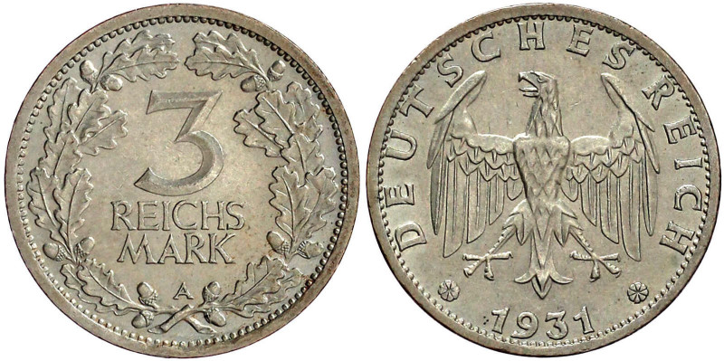 Weimarer Republik

Kursmünzen

3 Reichsmark, Silber 1931-1933

1931 A. vor...