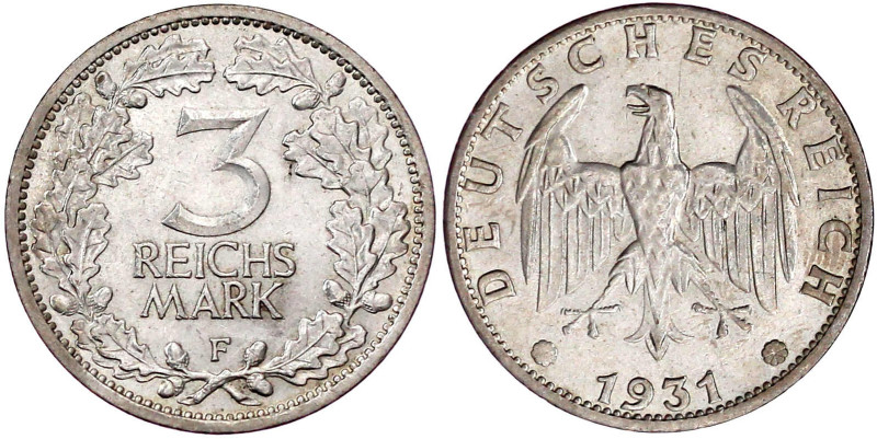Weimarer Republik

Kursmünzen

3 Reichsmark, Silber 1931-1933

1931 F. gut...